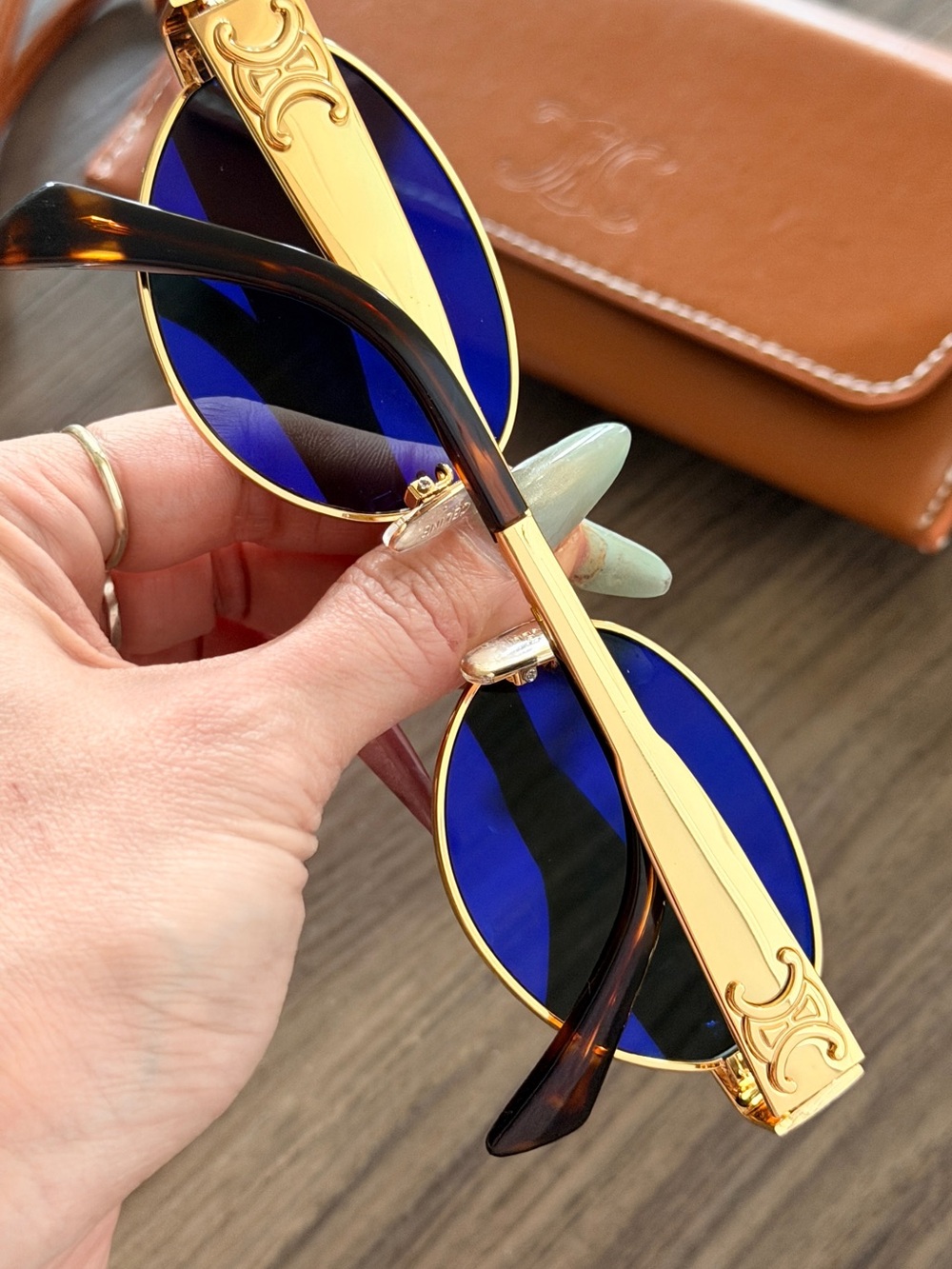 Celine Brown Leather Sunglasses Case with Gold-Trim Sunglasses - Picture 2 of 5